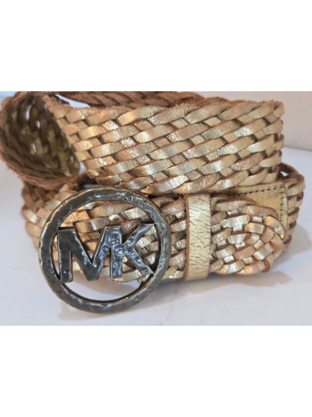 Michael Kors Gold Braided Leather Belt Sz S Logo MK Circle Buckle Woven Metallic